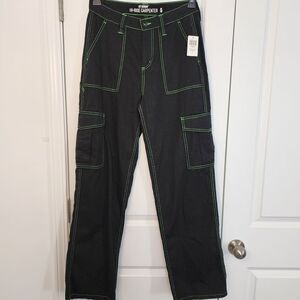 HT-Rise Carpenter Cargo Pants Black with Neon Green Contrast Stitching Size 5